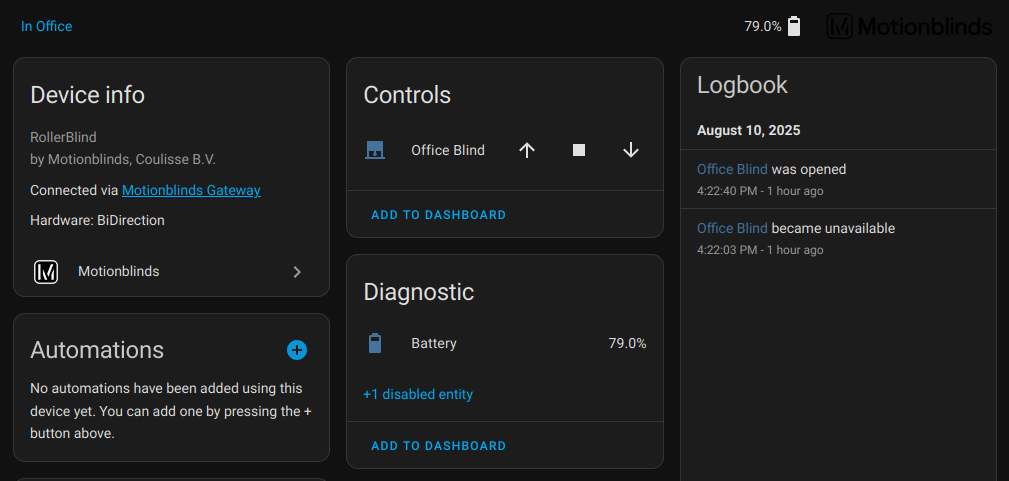 Home Assistant Dashboard showing Alta Blinds