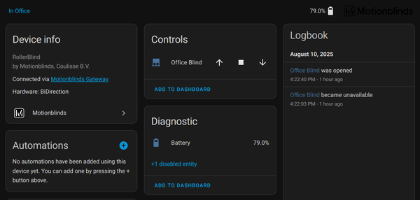 Home Assistant Dashboard showing Alta Blinds